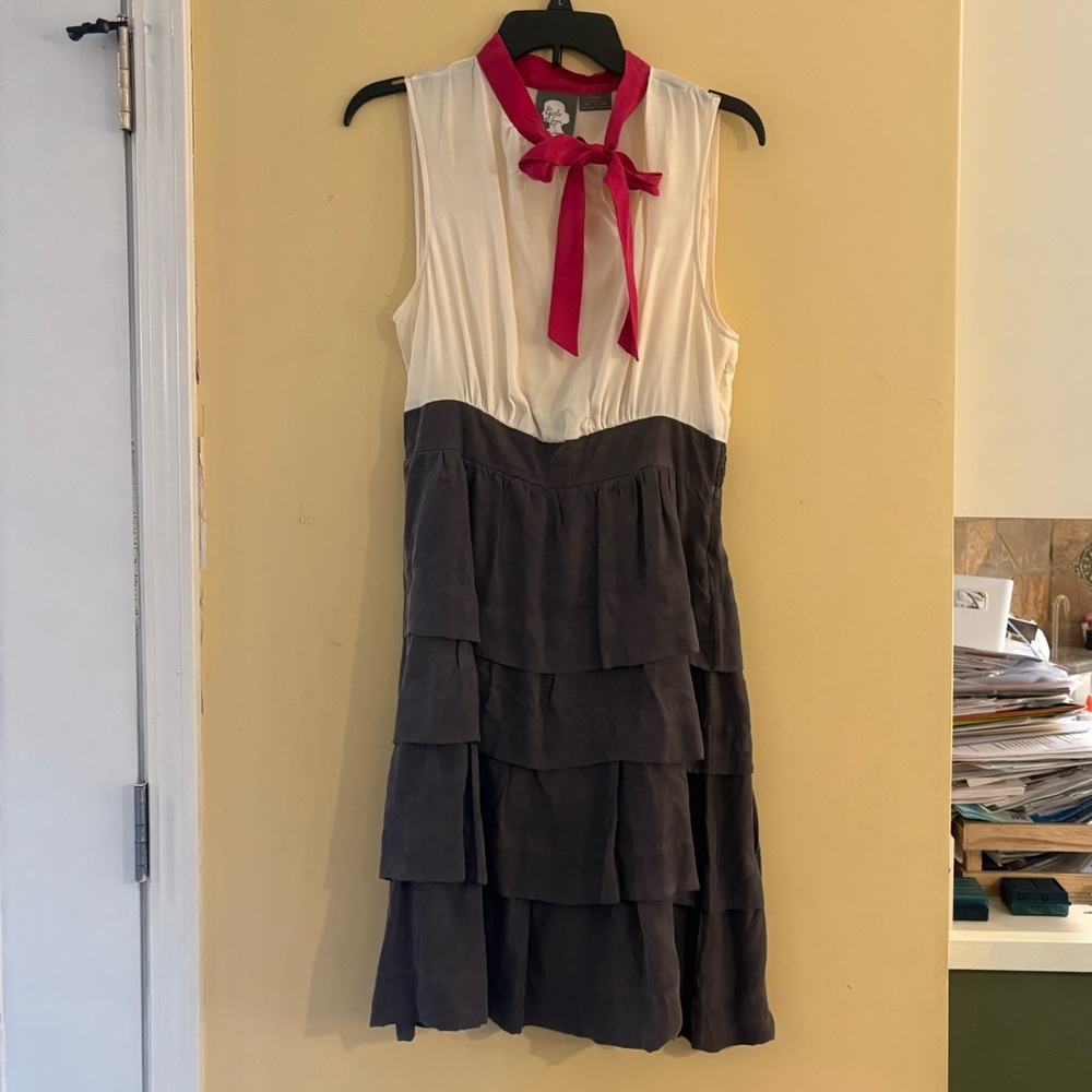 Anthropologie Sleeveless Dress with pink Bow and Tiered Skirt